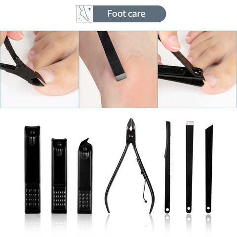 Black Nail Clipper Set Stainless Steel Manicure Nail Scissors Pedicure Kit Nippers Trimmer Care Tool With Travel Case Kit - The Real Droppshipping