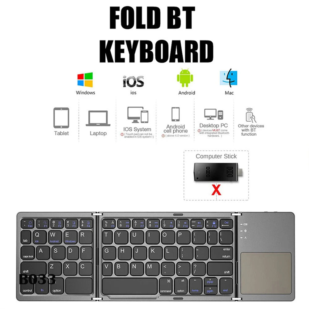 B033 Mini Wireless Keyboard Bluetooth Touchpad Portable Magnetic Triple Folding Keyboard for Windows Android IOS iPad Phone - The Real Droppshipping