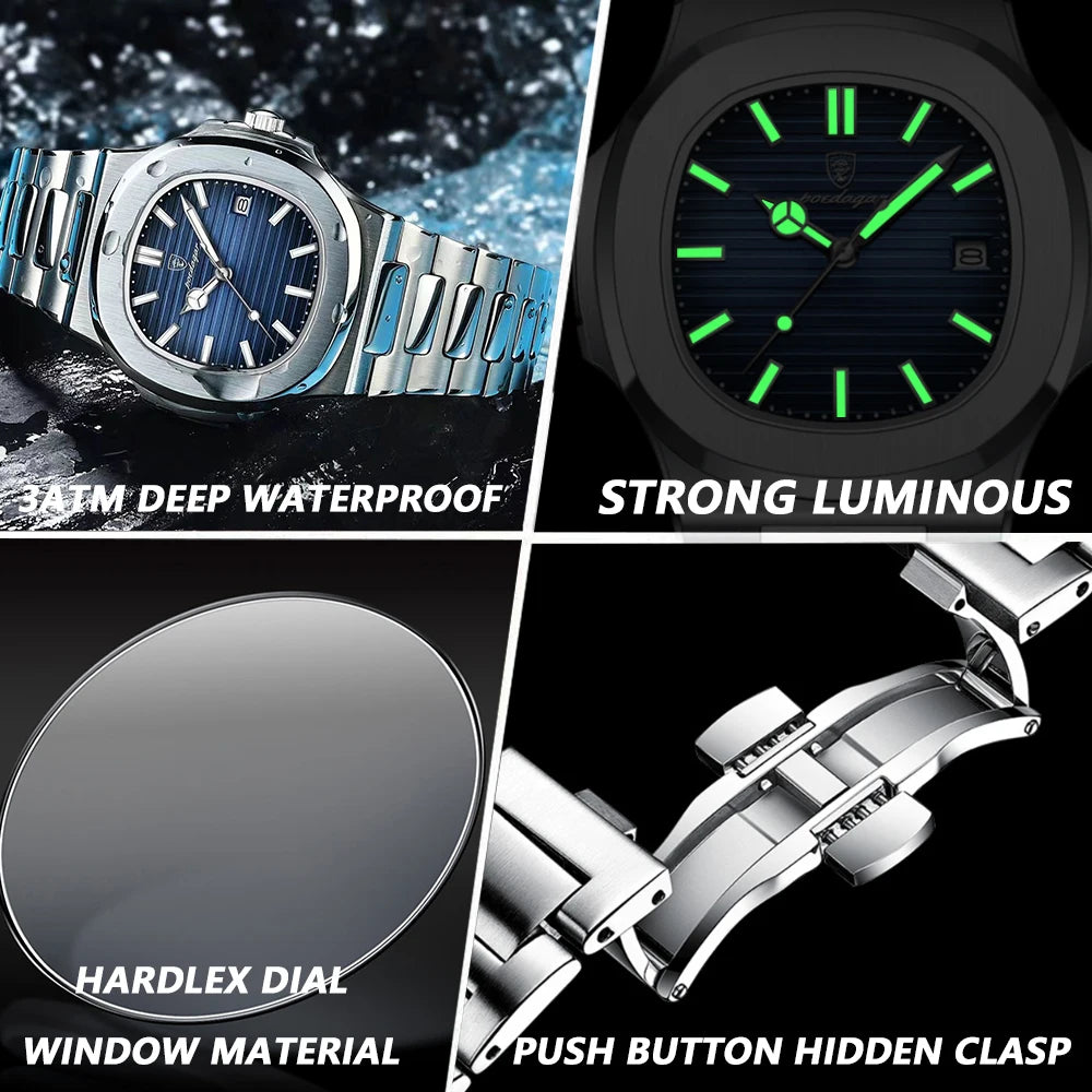 2023 New POEDAGAR Luxury Watch Business Waterproof Male Clock Luminous Date Stainless Steel Square Quartz Men Watch reloj hombre - The Real Droppshipping