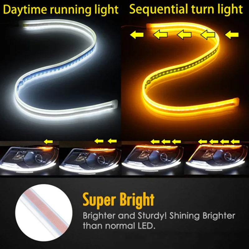 2pcs 12V LED DRL Car Daytime Running Light Flexible Waterproof Strip Auto Headlights White Turn Signal Yellow Brake Flow Lights - The Real Droppshipping