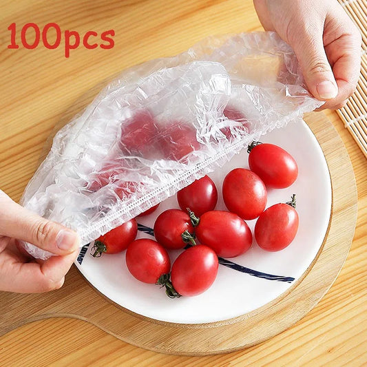 100pcs Disposable Food Cover Plastic Wrap Elastic Food Lids For Fruit Bowls Cups Caps Storage Kitchen Fresh Keeping Saver Bag - The Real Droppshipping