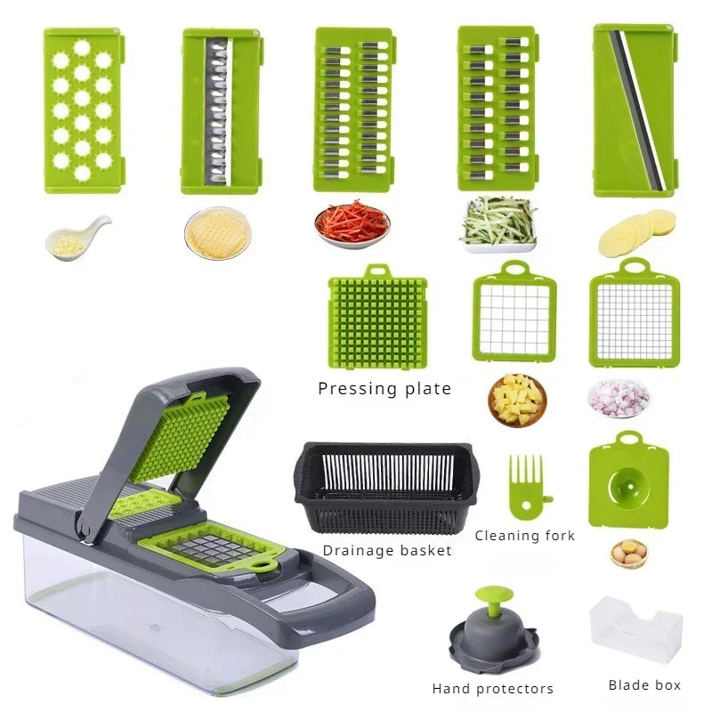 1Pc Green Black 14 in 1 Multifunctional Vegetable Slicer Cutter Shredders Slicer With Basket Fruit Potato Chopper Carrot Grater - The Real Droppshipping